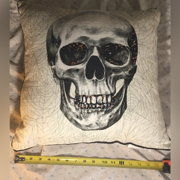 Skull graphic print canvas throw pillow with orange & black sequin accents - Picture 8 of 8